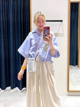 「HEREIAM（ヘレイアム）の【HEREIAM】クリアストライプシャツ（シャツ/ブラウス、ブルー系）」を使った、TAMUさん（レディース・171cm）の夏コーディネート