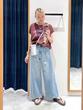 「BAYFLOW（ベイフロー）のフレンチドルマンプリントＴ（Tシャツ/カットソー、ブラウン系）」を使った、TAMUさん（レディース・171cm）の夏コーディネート