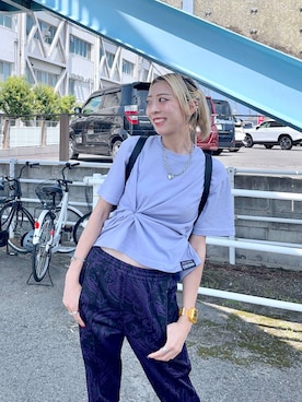 「HEREIAM（ヘレイアム）の【HEREIAM】Y2Kムード！Weeミニリュック(フェイクレザー)（バックパック/リュック、ブラック系）」を使った、TAMUさん（レディース・171cm）の夏コーディネート