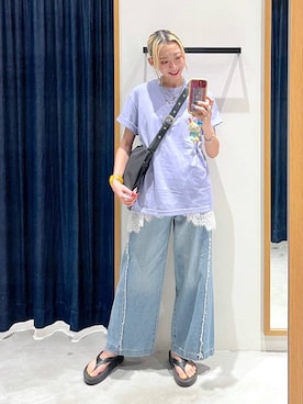「BAYFLOW（ベイフロー）のフリンジバギーデニム（デニムパンツ、ブルー系）」を使った、TAMUさん（レディース・171cm）の夏コーディネート