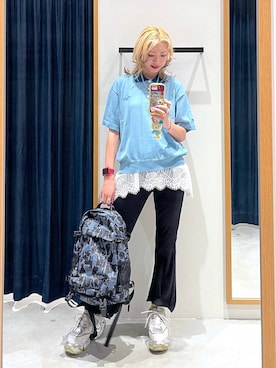 「BAYFLOW（ベイフロー）のレースヘムノースリーブ（Tシャツ/カットソー、ホワイト系）」を使った、TAMUさん（レディース・171cm）の夏コーディネート