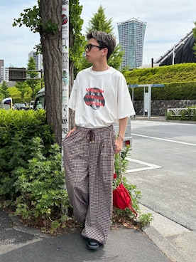 「CIAOPANIC TYPY（チャオパニックティピー）の【UNISEX】【プラスサイズあり】犬＆猫 アソートロゴプリントTee（Tシャツ/カットソー、ホワイト系）」を使った、ゆうしんさん（メンズ・167cm）の夏コーディネート