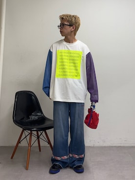 「SOUNDSGOOOOD（サウンズグッド）の【SOUNDS GOOOOD】ブロッキングメッシュロンT（Tシャツ/カットソー、ホワイト系）」を使った、ゆうしんさん（メンズ・167cm）の夏コーディネート