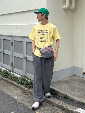 「CIAOPANIC TYPY（チャオパニックティピー）の【UNISEX】【WEB限定】宇宙人プリントTシャツ（Tシャツ/カットソー、イエロー系）」を使った、ゆうしんさん（メンズ・167cm）の春コーディネート