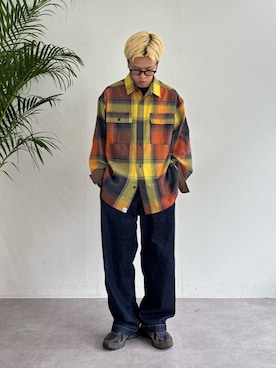 「CIAOPANIC TYPY（チャオパニックティピー）の【UNISEX】コーデュロイ袖切り替え/モールチェックシャツジャケット（シャツ/ブラウス、オレンジ系）」を使った、ゆうしんさん（メンズ・167cm）の秋コーディネート