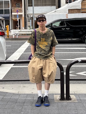 「CIAOPANIC TYPY（チャオパニックティピー）の【UNISEX】ピグメント加工ラグランワッフルヘンリーTEE（Tシャツ/カットソー、グリーン系）」を使った、ゆうしんさん（メンズ・167cm）の夏コーディネート