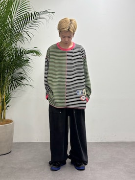 「SOUNDSGOOOOD（サウンズグッド）の【SOUNDS GOOOOD】クレイジーマルチボーダーワッフルロンT（Tシャツ/カットソー、ブラック系）」を使った、ゆうしんさん（メンズ・167cm）の夏コーディネート