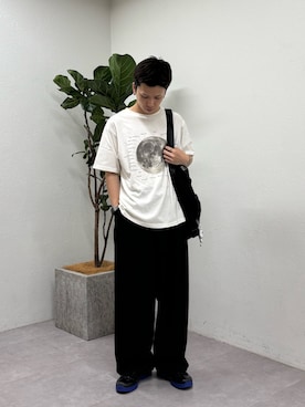 「CIAOPANIC TYPY（チャオパニックティピー）の【WEB限定】【UNISEX】ムーンクレーター＆アースロゴプリントTee（Tシャツ/カットソー、ホワイト系）」を使った、ゆうしんさん（メンズ・167cm）の夏コーディネート