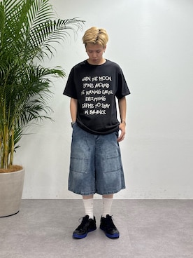 「CIAOPANIC TYPY（チャオパニックティピー）の【WEB限定】【UNISEX】手書きメッセージロゴTEE（Tシャツ/カットソー、ブラック系）」を使った、ゆうしんさん（メンズ・167cm）の夏コーディネート