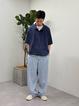 「CIAOPANIC TYPY（チャオパニックティピー）の【UNISEX】ピグメント加工メッシュポロ（ポロシャツ、ブルー系）」を使った、ゆうしんさん（メンズ・167cm）の夏コーディネート