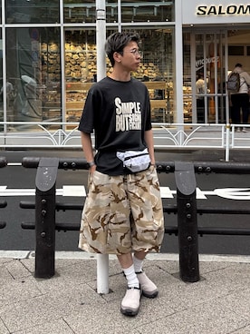 「CIAOPANIC TYPY（チャオパニックティピー）の【UNISEX】【プラスサイズあり】スラブ天竺ピグメントロゴTEE（Tシャツ/カットソー、ブラック系）」を使った、ゆうしんさん（メンズ・167cm）の夏コーディネート