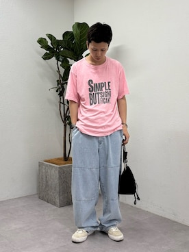 「CIAOPANIC TYPY（チャオパニックティピー）の【UNISEX】【プラスサイズあり】スラブ天竺ピグメントロゴTEE（Tシャツ/カットソー、ピンク系）」を使った、ゆうしんさん（メンズ・167cm）の夏コーディネート