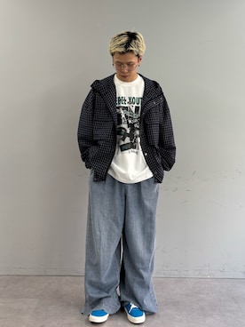 「CIAOPANIC TYPY（チャオパニックティピー）の【UNISEX】チェックフードシャウター（パーカー、ブルー系）」を使った、ゆうしんさん（メンズ・167cm）の春コーディネート