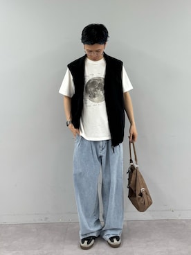 「CIAOPANIC TYPY（チャオパニックティピー）の【WEB限定】【UNISEX】ムーンクレーター＆アースロゴプリントTee（Tシャツ/カットソー、ホワイト系）」を使った、ゆうしんさん（メンズ・167cm）の春コーディネート