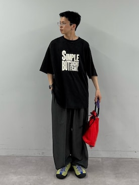 「CIAOPANIC TYPY（チャオパニックティピー）の【UNISEX】【プラスサイズあり】スラブ天竺ピグメントロゴTEE（Tシャツ/カットソー、ブラック系）」を使った、ゆうしんさん（メンズ・167cm）の春コーディネート