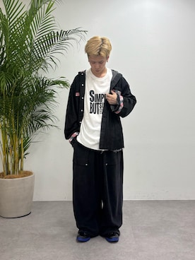 「SOUNDSGOOOOD（サウンズグッド）の【SOUNDS GOOOOD 】チロリアンテープデニムシャツ（シャツ/ブラウス、ブラック系）」を使った、ゆうしんさん（メンズ・167cm）の夏コーディネート