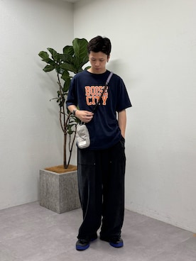 「CIAOPANIC TYPY（チャオパニックティピー）の【UNISEX】ピグメント加工スラブカレッジロゴTEE（Tシャツ/カットソー、ブルー系）」を使った、ゆうしんさん（メンズ・167cm）の夏コーディネート