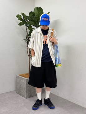 「CIAOPANIC TYPY（チャオパニックティピー）の【ユニセックス】【AMALFI】ストライプシャツ（シャツ/ブラウス、ホワイト系）」を使った、ゆうしんさん（メンズ・167cm）の夏コーディネート
