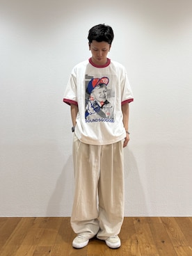 「SOUNDSGOOOOD（サウンズグッド）の【SOUNDS GOOOOD】落書きリンガーTEE（Tシャツ/カットソー、ホワイト系）」を使った、ゆうしんさん（メンズ・167cm）の夏コーディネート