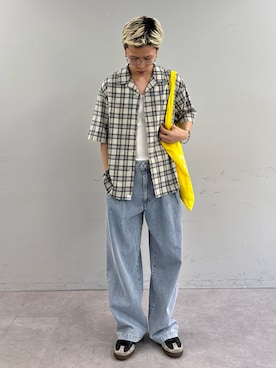 「CIAOPANIC TYPY（チャオパニックティピー）の【ユニセックス】パナマ織り/袖配色/クロス半袖チェックシャツ（シャツ/ブラウス、ベージュ系）」を使った、ゆうしんさん（メンズ・167cm）の春コーディネート