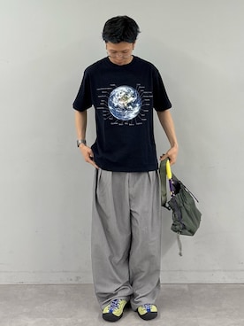 「CIAOPANIC TYPY（チャオパニックティピー）の【WEB限定】【UNISEX】ムーンクレーター＆アースロゴプリントTee（Tシャツ/カットソー、ブルー系）」を使った、ゆうしんさん（メンズ・167cm）の春コーディネート