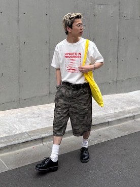 「CIAOPANIC TYPY（チャオパニックティピー）の【UNISEX】【WEB限定】宇宙人プリントTシャツ（Tシャツ/カットソー、ホワイト系）」を使った、ゆうしんさん（メンズ・167cm）の夏コーディネート