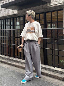 「CIAOPANIC TYPY（チャオパニックティピー）の【ユニセックス】【プラスサイズあり】スラブフォトTee（Tシャツ/カットソー、グレー系）」を使った、ゆうしんさん（メンズ・167cm）の春コーディネート