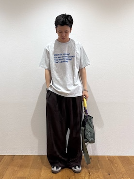 「CIAOPANIC TYPY（チャオパニックティピー）の【UNISEX】【プラスサイズあり】ポコポコメッセージロゴTEE（Tシャツ/カットソー、グレー系）」を使った、ゆうしんさん（メンズ・167cm）の夏コーディネート
