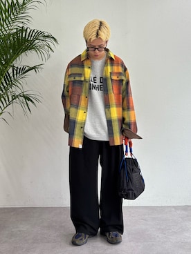 「CIAOPANIC TYPY（チャオパニックティピー）の【UNISEX】コーデュロイ袖切り替え/モールチェックシャツジャケット（シャツ/ブラウス、オレンジ系）」を使った、ゆうしんさん（メンズ・167cm）の秋コーディネート
