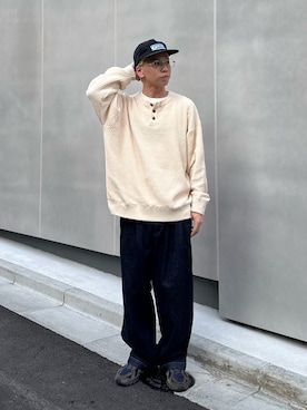 「CIAOPANIC TYPY（チャオパニックティピー）の【UNISEX】モール甘編みワッフルヘンリーニット（ニット/セーター、ホワイト系）」を使った、ゆうしんさん（メンズ・167cm）の秋コーディネート