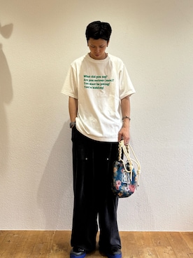 「CIAOPANIC TYPY（チャオパニックティピー）の【UNISEX】【プラスサイズあり】ポコポコメッセージロゴTEE（Tシャツ/カットソー、ホワイト系）」を使った、ゆうしんさん（メンズ・167cm）の夏コーディネート