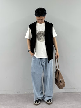 「CIAOPANIC TYPY（チャオパニックティピー）の【WEB限定】【UNISEX】ムーンクレーター＆アースロゴプリントTee（Tシャツ/カットソー、ホワイト系）」を使った、ゆうしんさん（メンズ・167cm）の春コーディネート