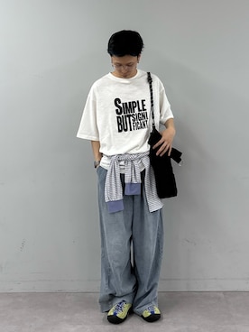 「CIAOPANIC TYPY（チャオパニックティピー）の【UNISEX】【プラスサイズあり】スラブ天竺ピグメントロゴTEE（Tシャツ/カットソー、ホワイト系）」を使った、ゆうしんさん（メンズ・167cm）の春コーディネート