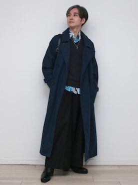 「アイテム（ステンカラーコート）」を使った、sndiさん（メンズ・165cm）の冬コーディネート