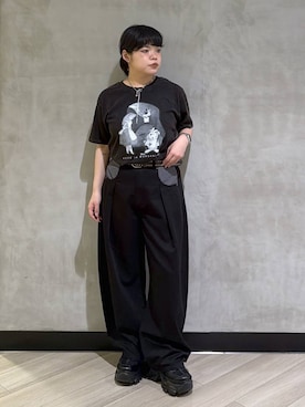 「PBLIM（ページボーイリム）の《UNISEX》チェックポケットワイドスラックス（スラックス、ブラック系）」を使った、ぺーさん（レディース）の夏コーディネート