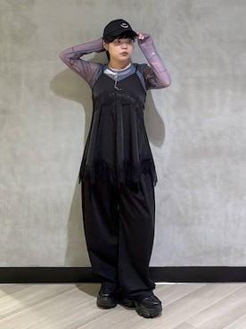 「PBLIM（ページボーイリム）の《UNISEX》チェックポケットワイドスラックス（スラックス、ブラック系）」を使った、ぺーさん（レディース）の夏コーディネート