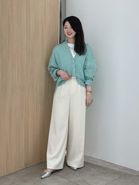 「NOLLEY’S Sophi（ノーリーズソフィ）のウォッシャブル強撚ツイルワイドパンツ（その他パンツ、ホワイト系）」を使った、ikeda.sさん（レディース・159cm）の春コーディネート
