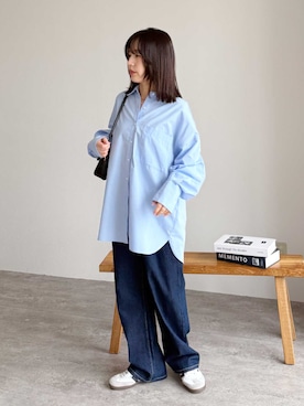 「reca（レカ）の先染めストライプ＆無地BIGシャツ（シャツ/ブラウス、ブルー系）」を使った、konさん（レディース・154cm）の春コーディネート