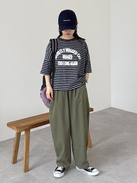 「reca（レカ）の【接触冷感】ロゴ発泡プリントワイドボーダーTシャツ（Tシャツ/カットソー、グレー系）」を使った、konさん（レディース・154cm）の夏コーディネート