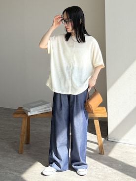 「reca（レカ）のエアリーデニム イージーパンツ（デニムパンツ、ブルー系）」を使った、konさん（レディース・154cm）の春コーディネート