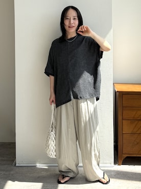 「reca（レカ）のイージーワイドコクーンパンツ（その他パンツ、ベージュ系）」を使った、konさん（レディース・154cm）の春コーディネート