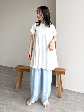 「reca（レカ）の【接触冷感】フレンチスリーブフレアTシャツ（Tシャツ/カットソー、ホワイト系）」を使った、konさん（レディース・154cm）の春コーディネート