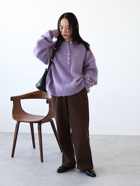「reca（レカ）のコーデュロイ裏フリースイージーパンツ（その他パンツ、ブラウン系）」を使った、konさん（レディース・154cm）の秋コーディネート