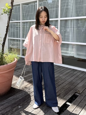 「reca（レカ）のエアリーデニム イージーパンツ（デニムパンツ、ブルー系）」を使った、konさん（レディース・154cm）の春コーディネート