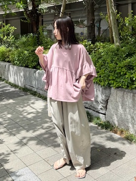 「reca（レカ）のフレンチフリル袖ワイドカットソー（Tシャツ/カットソー、ピンク系）」を使った、konさん（レディース・154cm）の夏コーディネート