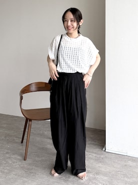 「reca（レカ）のイージーワイドコクーンパンツ（その他パンツ、ブラック系）」を使った、konさん（レディース・154cm）の夏コーディネート