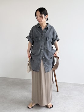 「reca（レカ）の半袖デニムシャツ（シャツ/ブラウス、ブラック系）」を使った、konさん（レディース・154cm）の夏コーディネート