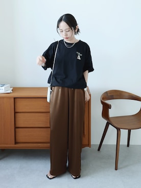 「reca（レカ）のポテトお化け刺繍＆プリントロゴTシャツ（Tシャツ/カットソー、ブラック系）」を使った、konさん（レディース・154cm）の夏コーディネート