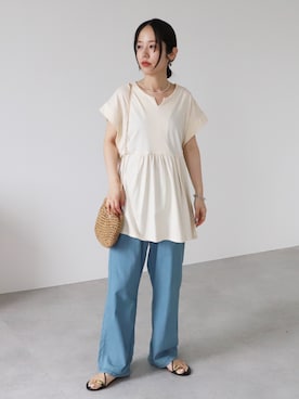 「reca（レカ）のエアリーデニム　ウエストゴム（デニムパンツ、ブルー系）」を使った、konさん（レディース・154cm）の夏コーディネート