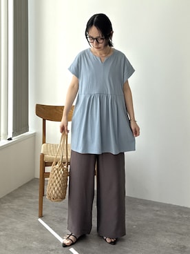 「reca（レカ）のKeyネックカットソー（Tシャツ/カットソー、ブルー系）」を使った、konさん（レディース・154cm）の春コーディネート